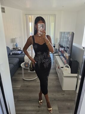 Black Embellished Bodycon Midi Dress - Women's